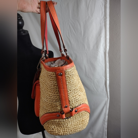 COACH Coral & Red Leather & Straw Shoulder/Tote Bag - Picture 4 of 12